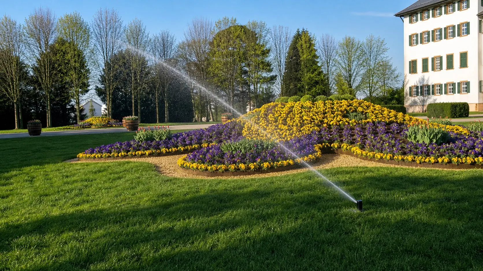 Parkanlage mit Blumenbeeten und laufender Bewässerung